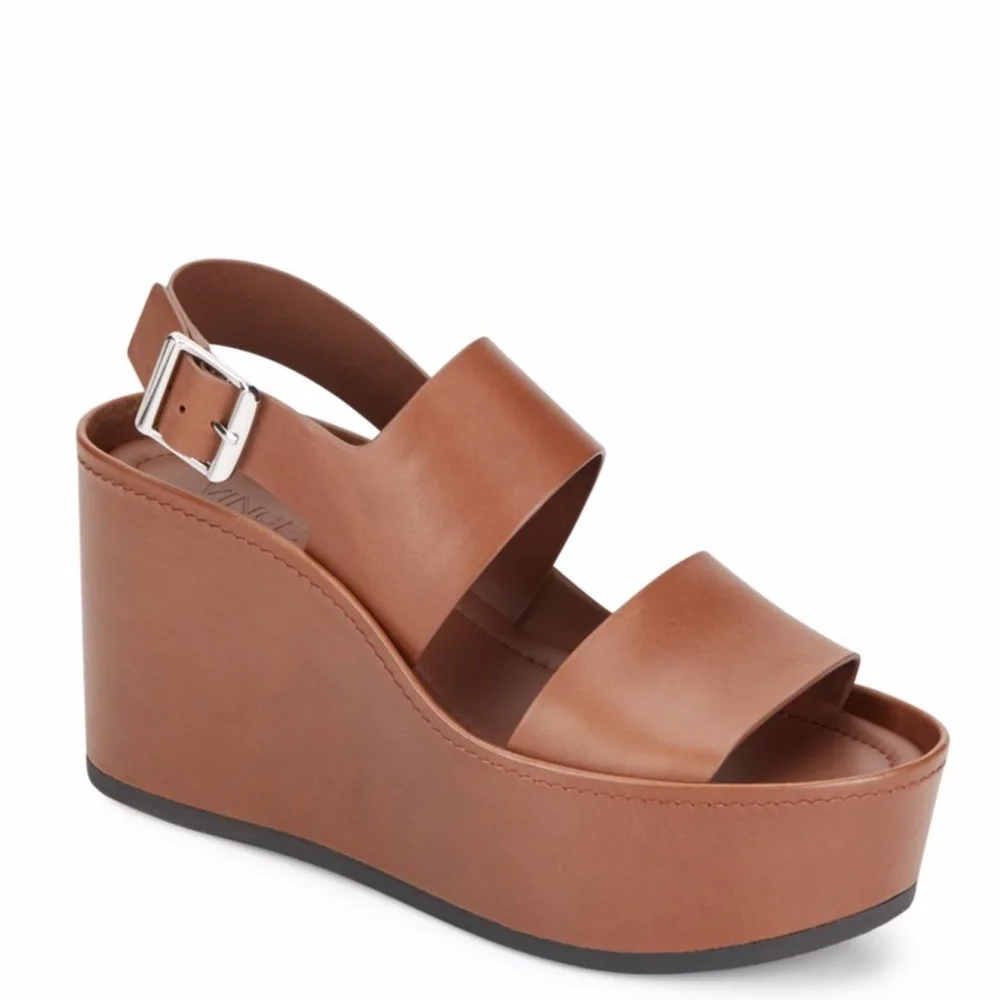 NWOB Vince Idalia Brown Leather Platform Wedge Sandals